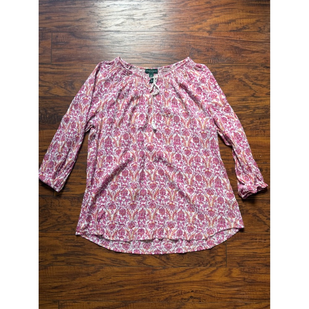 Lauren Ralph Lauren Pink Paisley Cotton Viscose Peasant Blouse Top Large